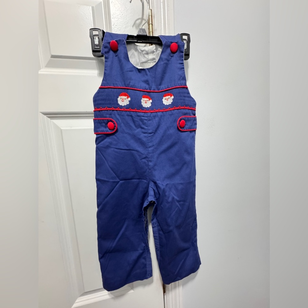 Babeeni size 2T blue Santa clause hand smocked long all overall romper